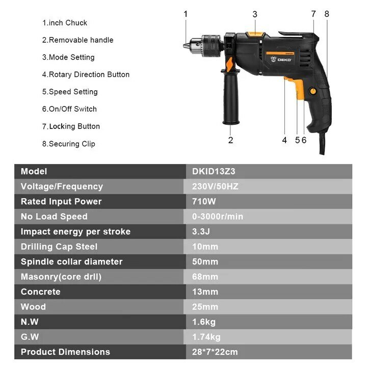 DEKO 550W 600W 710W Professional Electric Tools for Woodworking DKIDZ Series Power Tool 2 Functions Impact Drill