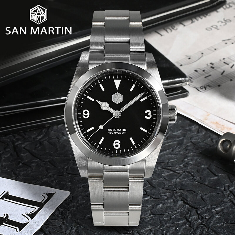 2021ใหม่ San Martin Top ยี่ห้อ36MM อัตโนมัตินาฬิกาคลาสสิก Retro Explorer Sapphire PT5000นาฬิกา Reloj hombre