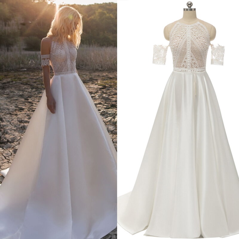 Богемное свадебное платье в стиле бохо со съемными рукавами, кружевные атласные свадебные платья-трапеции, свадебное платье, пляжное платье на заказ