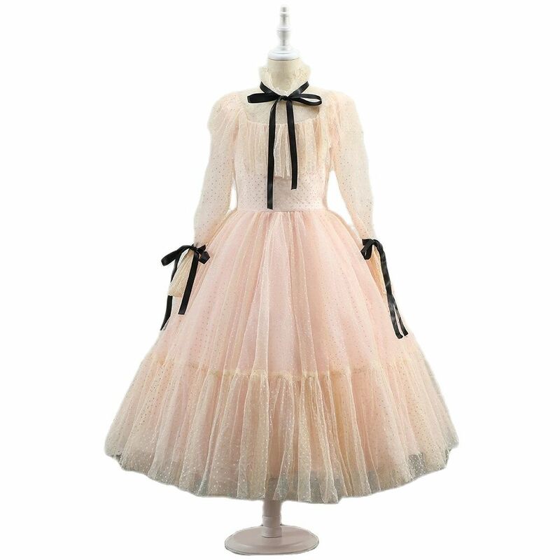 Polka-dot tule vestidos da menina de flor ilusão mangas compridas menina vestido de festa de casamento fitas comunhão vestido de aniversário ano novo