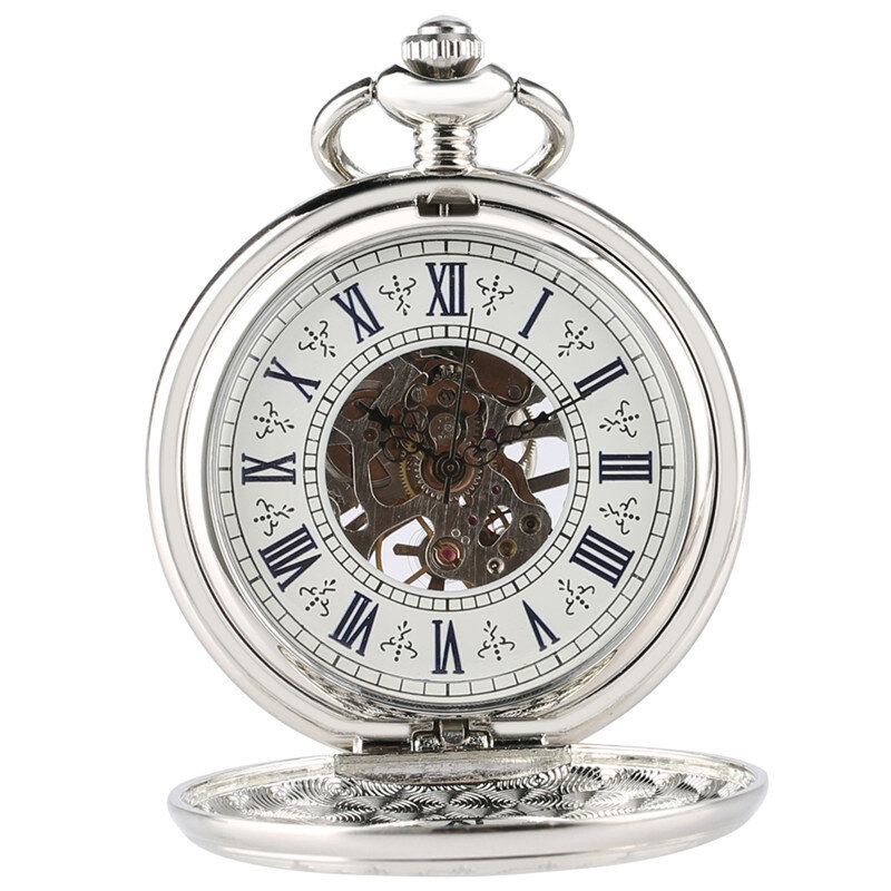 Orologio da tasca meccanico in argento di lusso Unisex avvolgimento a mano numeri romani Display ciondolo catena scheletro orologio regali Souvenir