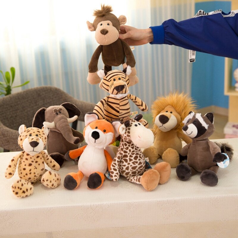 Brinquedos de pelúcia para crianças, leão, tigre, elefante, macaco, leopardo, girafa, boneco guaxinim, simulação, presente, 25cm