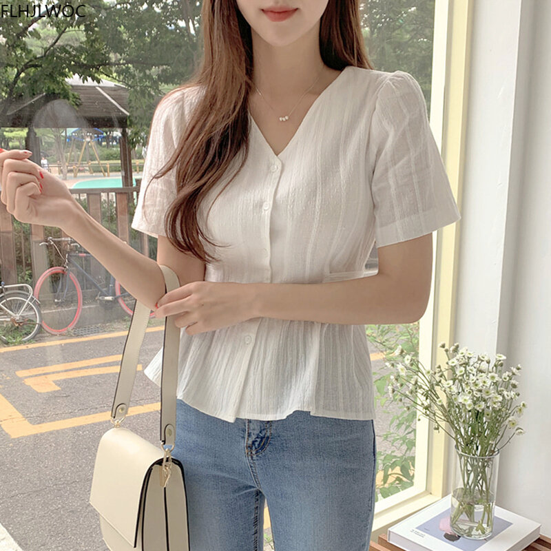 Блузка женская короткая с пышными рукавами, приталенная рубашка с баской, на завязках, с оборками, в Корейском стиле, милая японская одежда, Flhjlwoc, на лето