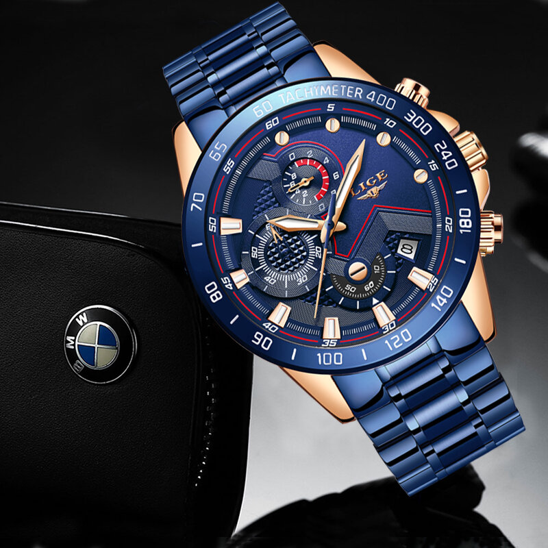 LIGE 남성용 캐주얼 스포츠 시계, 고급 브랜드 밀리터리 풀 스틸 손목 시계, 패션 크로노그래프 손목시계