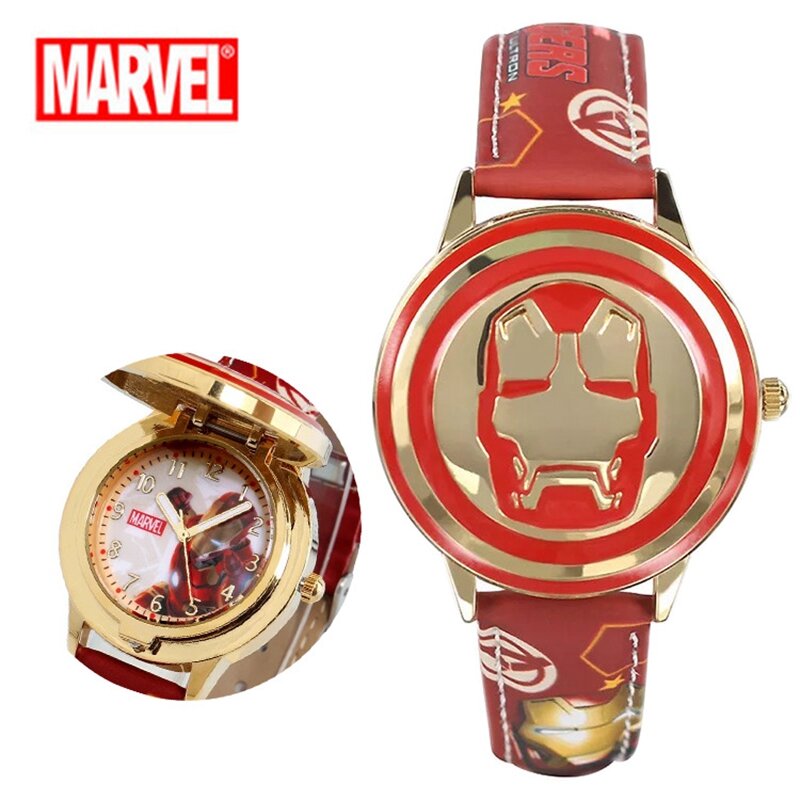 디즈니 스파이더맨 어린이 시계, 캡틴 아메리카 아이언맨, 가죽 쿼츠 플립 금속 케이스, 소년 시계 선물