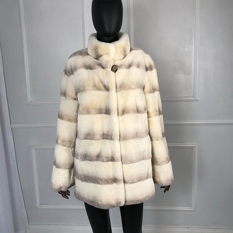 Winter Rex Rabbit Coat With Standing Collar Women Warm Genuine Rex Rabbit Fur Luxury New Arrival 2024
