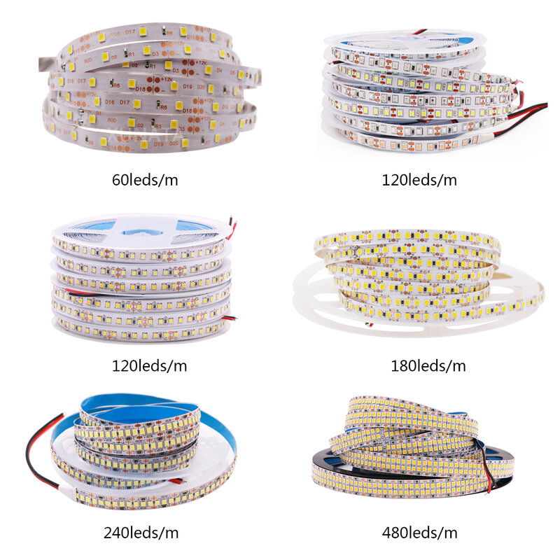 Bande Lumineuse LED Flexible et Étanche, 12/24V, 5m, 2835, 120 gible, 240 gible, 480 gible, Ruban Diode, Décoration de Maison