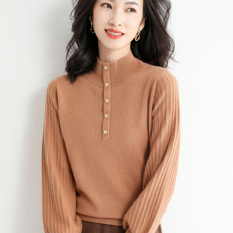 Suéter de manga farol para mujer, suéter de lana de punto delgado con Cuello medio alto, Base de botones coreanos, moda de primavera, otoño e invierno, novedad de 2021