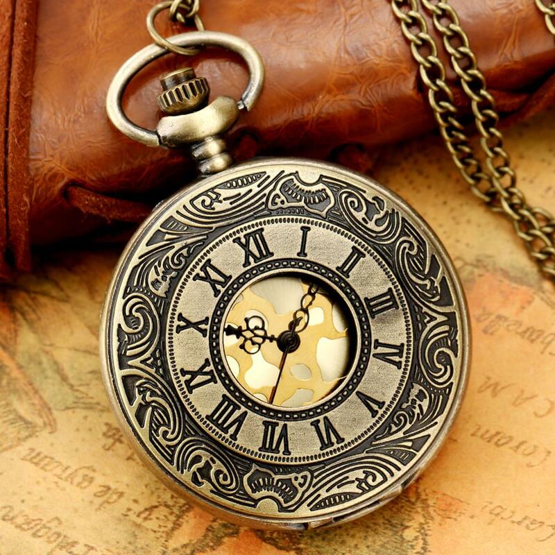 Retro brązowy Hollow Flip kieszonkowy zegarek kwarcowy cyfry rzymskie złota tarcza zegarek modny i trwały łańcuszek wisiorek naszyjnik prezenty