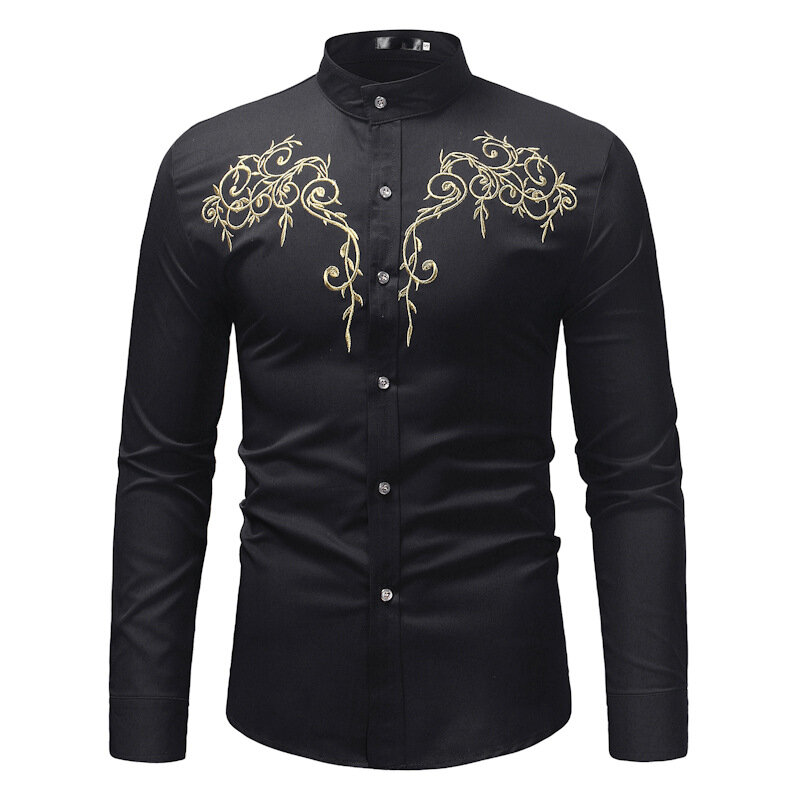 Large Size Long Sleeve Leisure Embroidered Standing Collar Shirt, Shirts for Men , Men Shirts , Men Clothing
