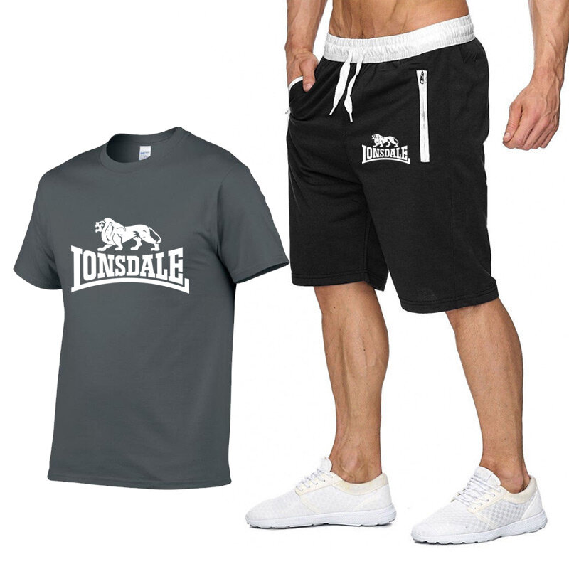 남자 여름 LONSDALE 스포츠웨어 세트 짧은 소매 티셔츠 + 짧은 바지 새로운 패션 남자 캐주얼 세트 반바지 + t-셔츠 2 조각