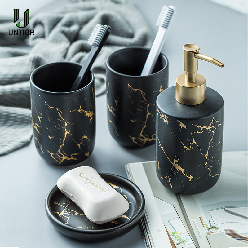 UNTIOR Keramik Badezimmer Zubehör Set Marmor Muster Waschen Werkzeuge Mundwasser Tasse Seife Zahnbürste Halter Bad Lieferungen