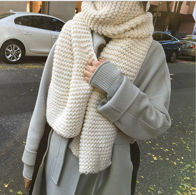 Écharpe en laine épaisse tricotée à la main pour femme, nouvelle collection hiver 2021, épaisse, couleur unie, Couple d'étudiants, blanc chaud