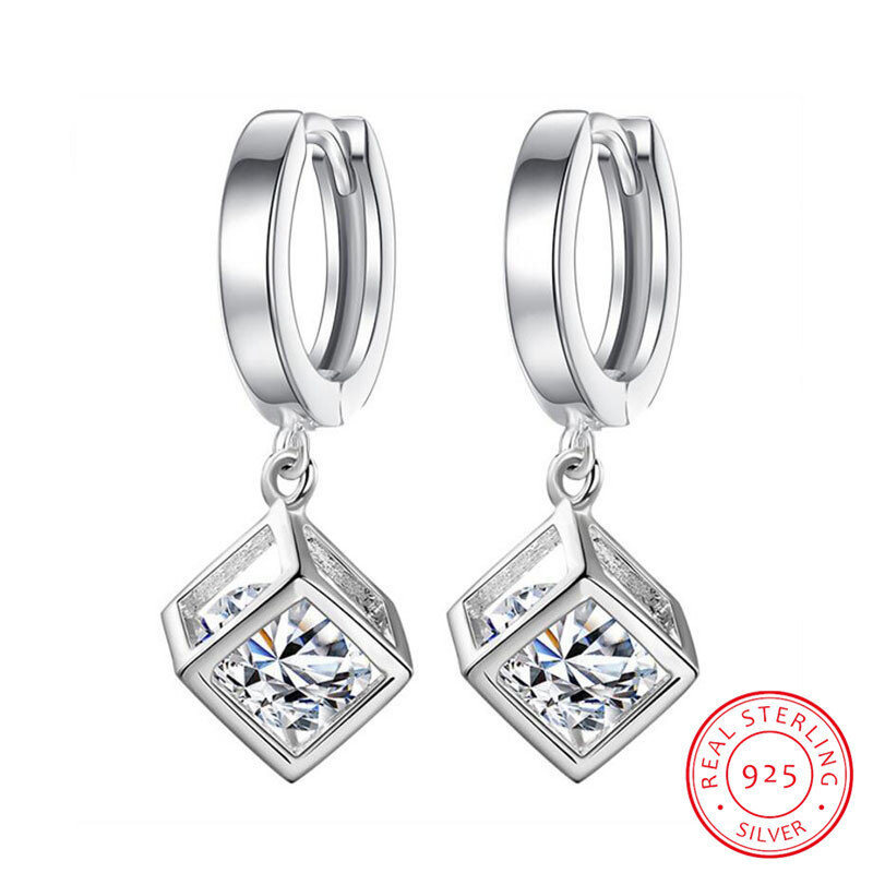 925 Sterling Silver Cube Love Window Zirconia Sugar Drop Earrings For Women brincos de prata Best Gift S-E228