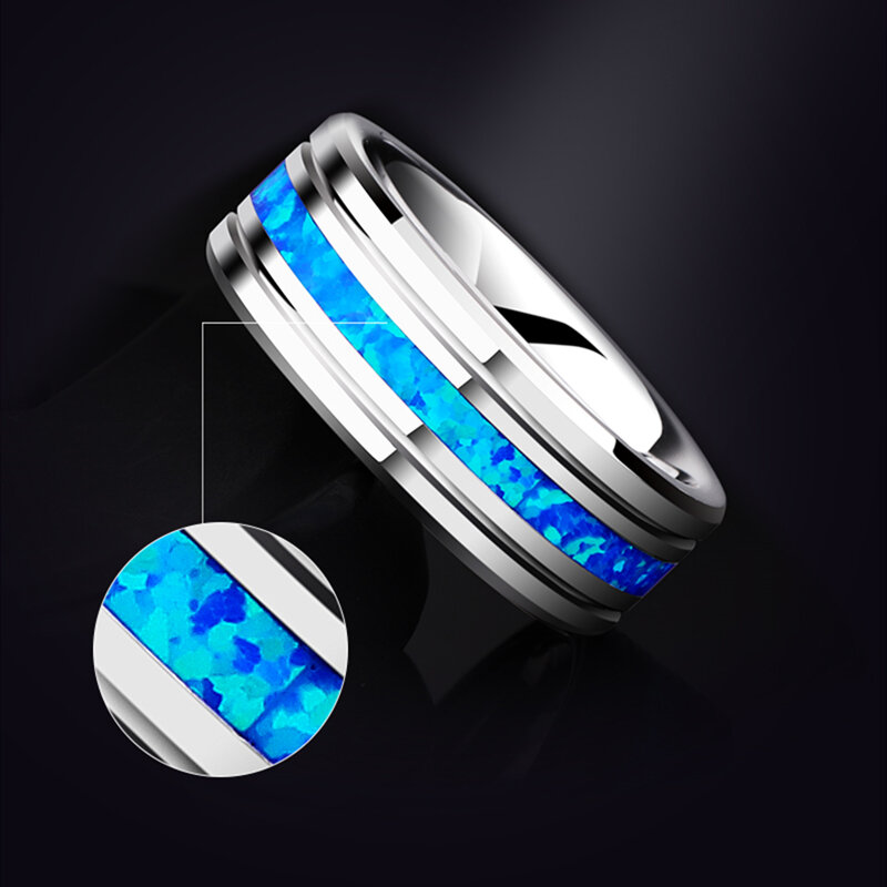 FDLK nowy 8mm wysoki połysk pierścień ze stali nierdzewnej niebieski Opal środkowy rowek obrączka męska ze stali nierdzewnej
