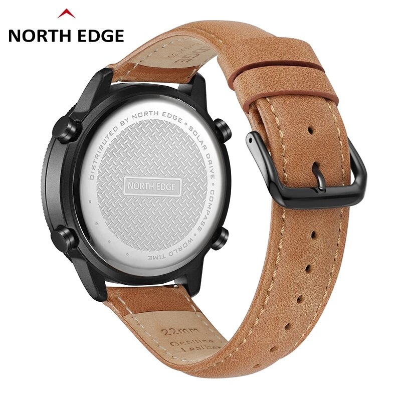 NORTH EDGE Men's Solar Watch Men's Outdoor Sports Watch Full Metal À Prova D 'Água 50M Bússola Contagem Regressiva Cronômetro Relógio Inteligente