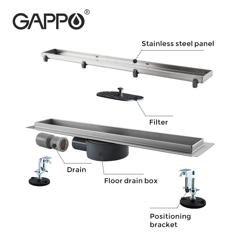 GAPPO-샤워 바닥 배수구, 304 스테인레스 스틸, 샤워 바닥 배수구, 긴 선형 배수구, 호텔 욕실 주방용 배수구