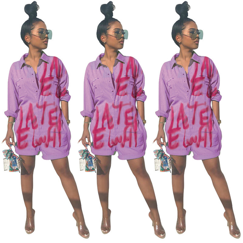 ผู้หญิงDenim Jumpsuit Romperแขนยาวเข็มขัดสีชมพูพิมพ์หลวมCasual Overallsปุ่มกางเกงยีนส์สั้นPlaysuit Streetwear