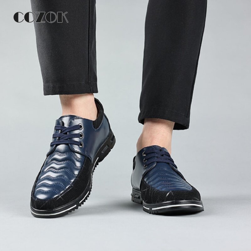 Zapatos de vestir para hombre, calzado informal de cuero con punta redonda, a la moda, talla grande, con cordones, para fiesta