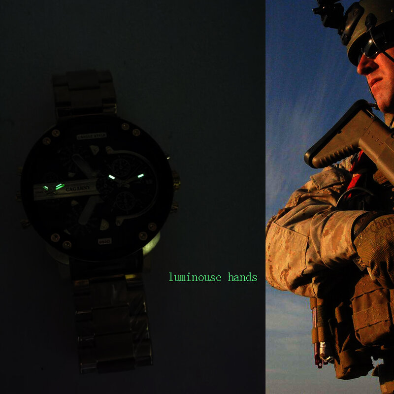 Cagarny-reloj analógico de acero inoxidable para hombre, accesorio de pulsera de cuarzo resistente al agua con doble pantalla, complemento Masculino de marca de lujo con diseño militar, disponible en color dorado