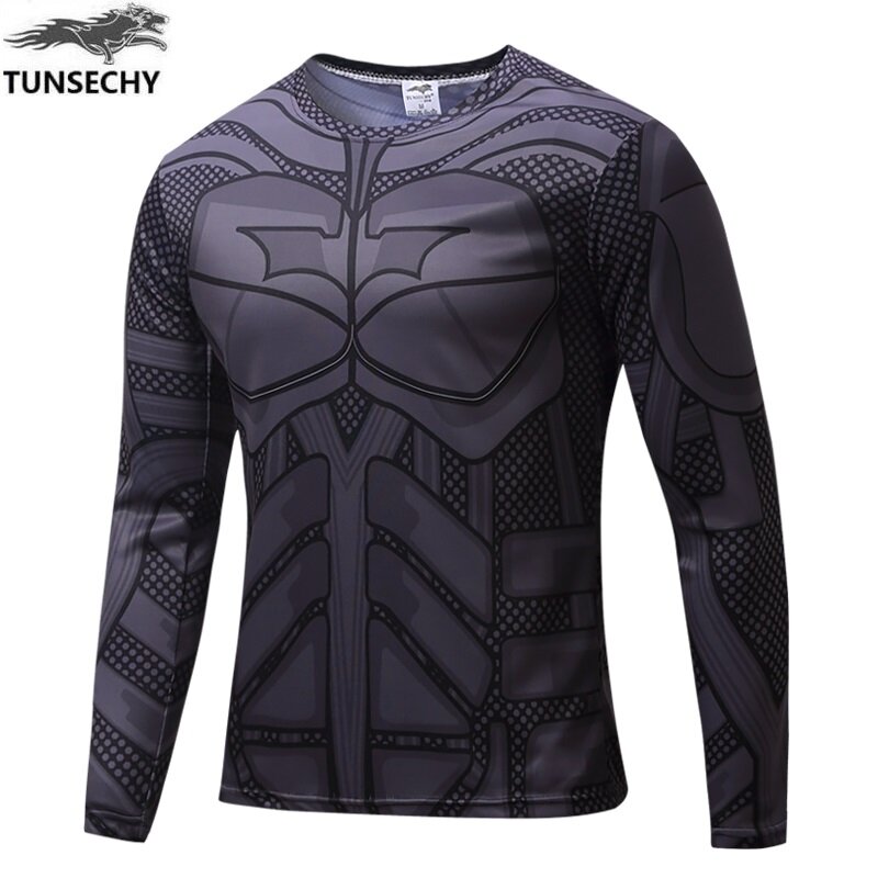 TUNSECHY NEW Marvel Super Heroes Avenger Batman T shirt Men Compression Base Layer Long Sleeve Thermal Under Top Fitness