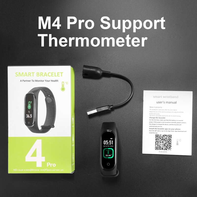 M4 프로 스마트 밴드 온도계 새로운 M4 밴드 피트니스 트래커 심박수 혈압 피트니스 팔찌 안드로이드 ios에 대한 스마트 시계