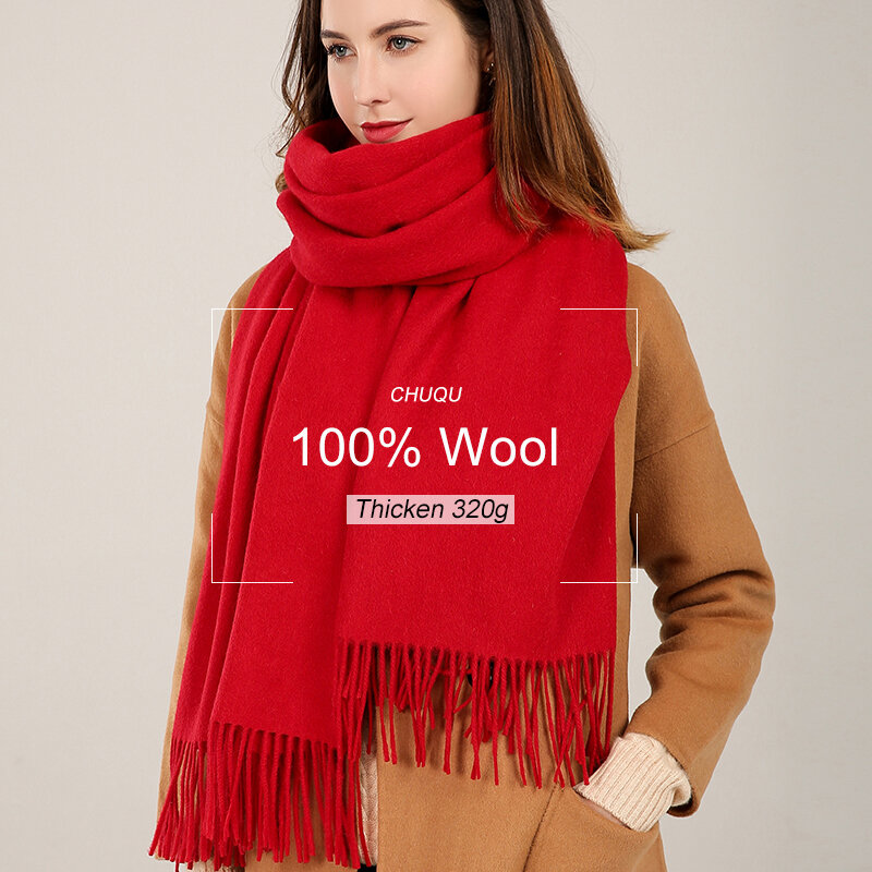 Bufanda de lana 100% para mujer, chales gruesos y cálidos, largos de color Beige, de lana pura, de invierno
