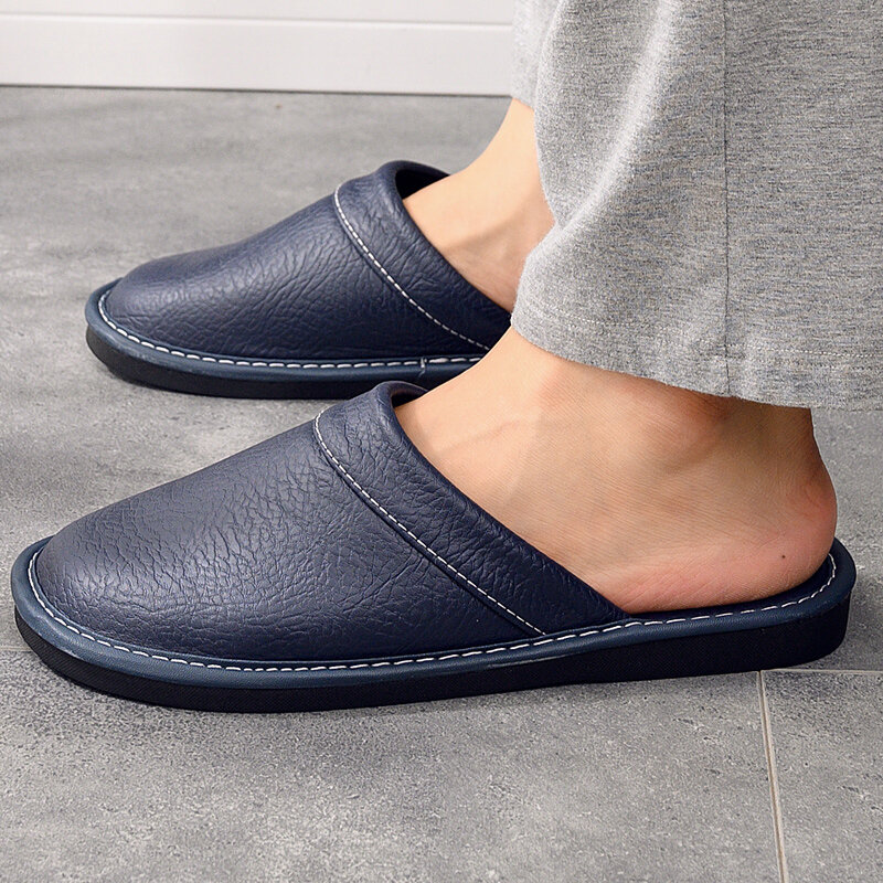 Zapatos de Interior de piel sintética para hombre, zapatillas de talla grande 47 48, toboganes azules marino concisos, simples, para el hogar, Otoño e Invierno