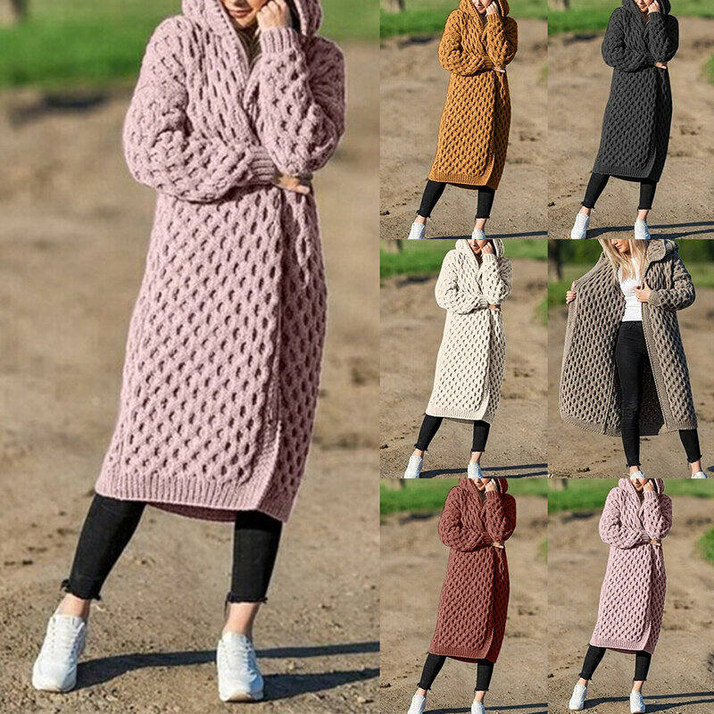 2020 Women Knitted Cardigan Winter Thick Hooded Long Cardigan Female Long Sleeve Vintage Sweater Outerwears Plus Size 5xl Coats