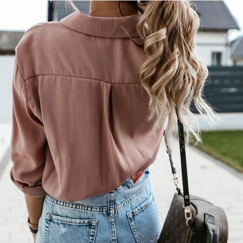Décontracté solide bouton femmes chemise Vintage col rabattu à manches longues poche Blouse 2020 automne mode élégant haut