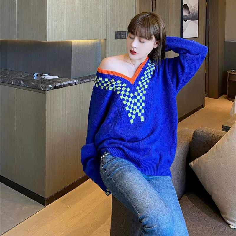 2021 Sweter V-neck Biru Wanita Pullover Lengan Panjang Desain Rajutan Longgar, Blus Pelangsing Sweter Wanita