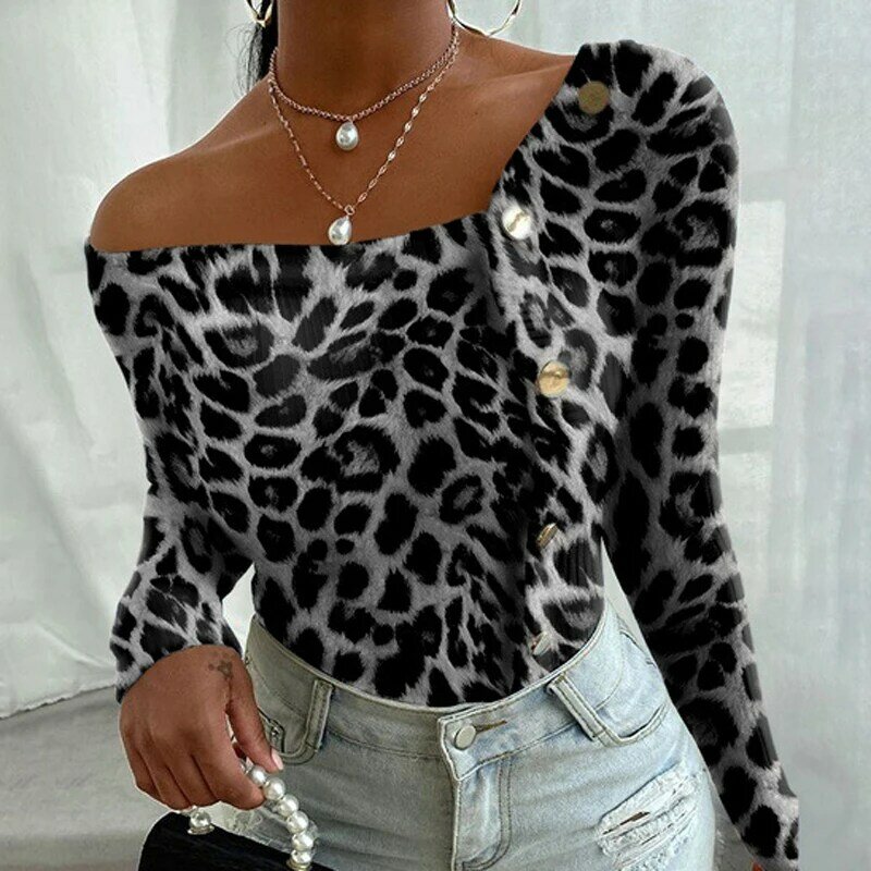 Camisa feminina casual com botões, blusa feminina slim com estampa de leopardo e gola redonda