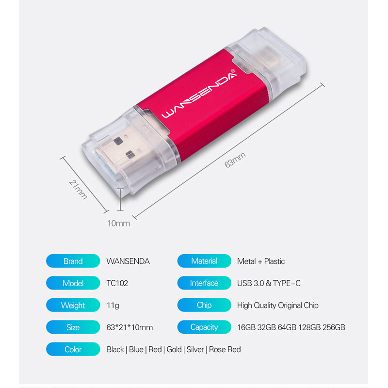 WANSENDA-OTG Type-C USB Flash Drive, Pendrive, Memory Stick, Pen Drive para Android, PC, Mac, 512GB, 256GB, 128GB, 64GB, 32GB, 16GB