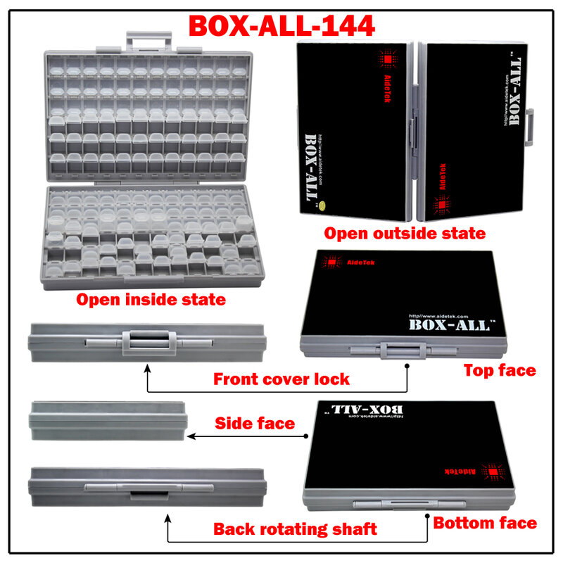 AideTek-Caja con 144 compartimentos, almacenamiento SMD, resistencia SMT, condensador, estuches de almacenamiento electrónico, organizadores