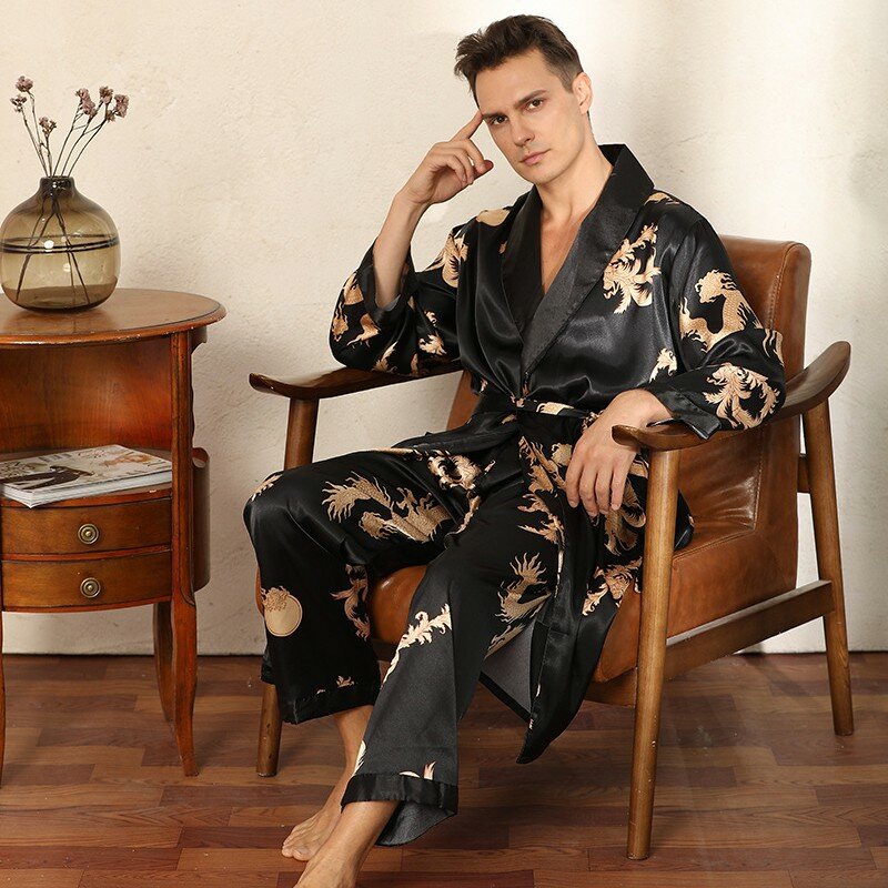 Roupa de dormir de cetim masculino robe & pants dargon pijamas conjunto de impressão dos homens roupa de noite quimono roupão de banho