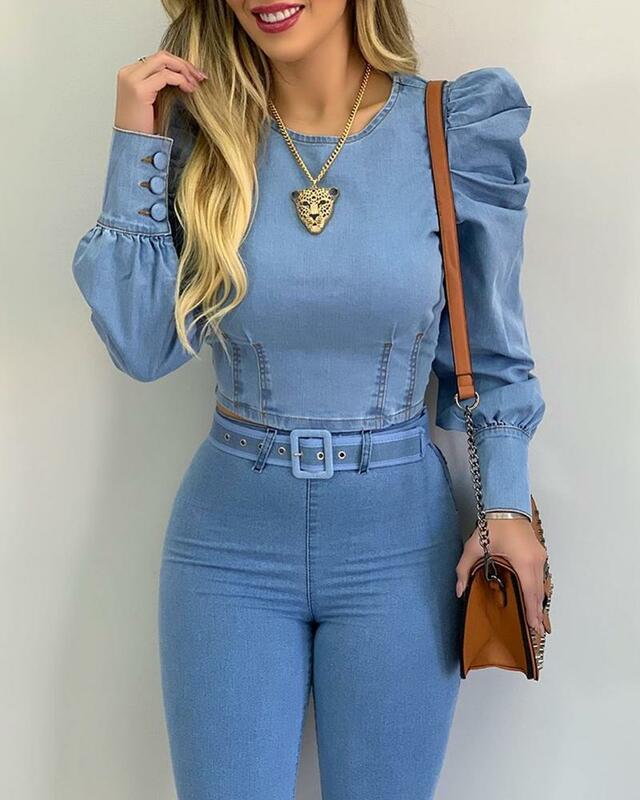 Women Round Neck Puff Sleeve Corset Top Long Sleeve Blue Denim Top Shirt Sweetheart Slim Fitted Sexy Tops and Blouses