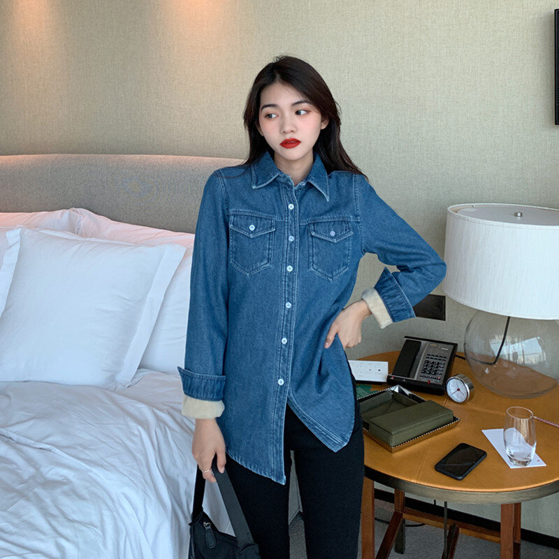Camisa jeans feminina manga comprida, camisa grossa aveludada de inverno plus size