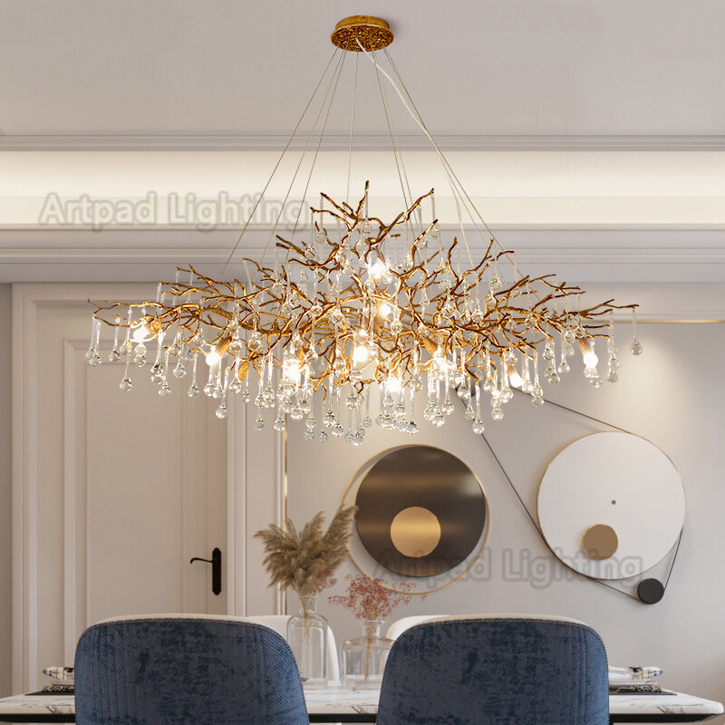 Artpad Retro Copper Crystal LED Chandeliers Gold Luxury Lighting Illuminator for Living Room Hanging Light Fixture Kitchen Light