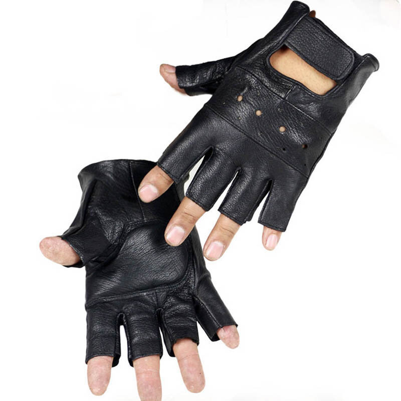 Longkeeper-guantes de cuero genuino para hombre, manoplas antideslizantes de medio dedo, de oveja, sin dedos, para gimnasio y Fitness