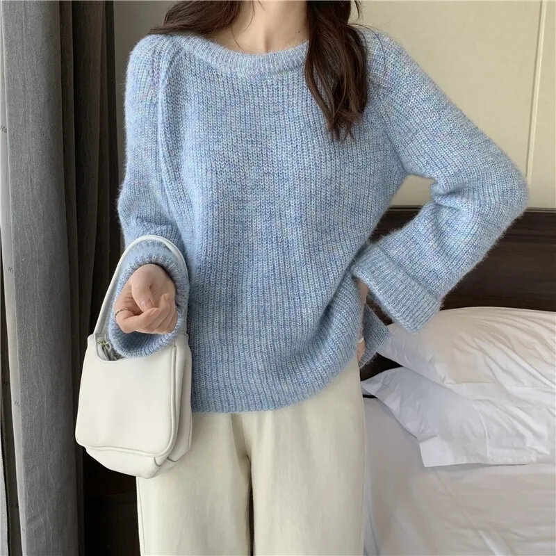 Женский трикотажный свитер, однотонные элегантные модные пуловеры с круглым вырезом, офисные женские повседневные топы, винтажные трикотажные свитера, 2021