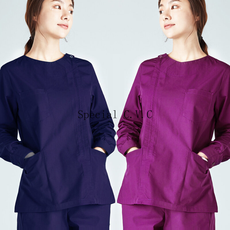 Femmes fermeture éclair ouverture à manches longues gommage haut mince ajustement grandes poches uniformes médicaux col rond manteau médecin infirmière vêtements de travail