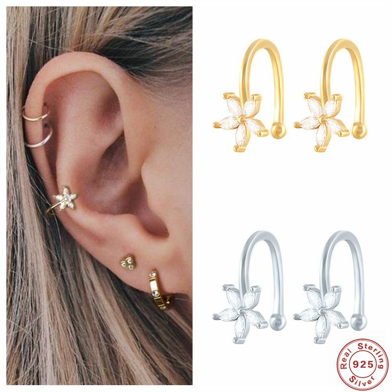 1 pair of 925 Sterling Silver Snowflake Ear Cuff Without Piercing Clip Earrings for Women Crystal Zircon Clip on Earrings