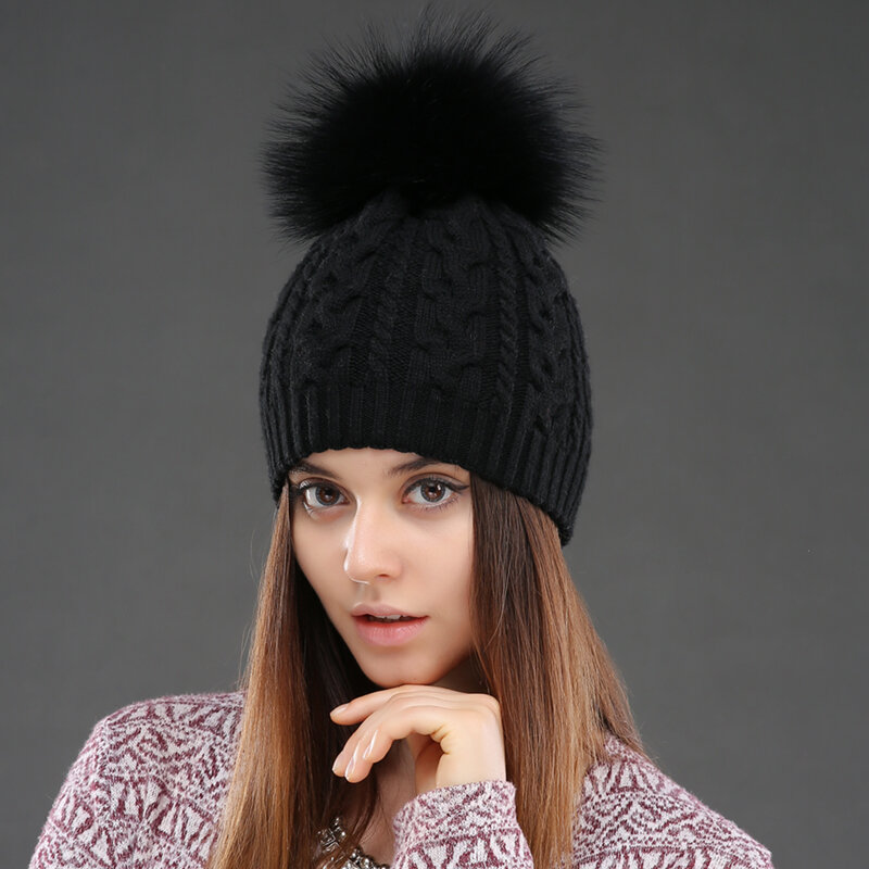 CNTANG-2021 여성 더블 레이어 니트 모자, 겨울용 따뜻한 비니, 양모 모자, 폼폼 포함, 천연 모피, 너구리, 패션, 여성 모자