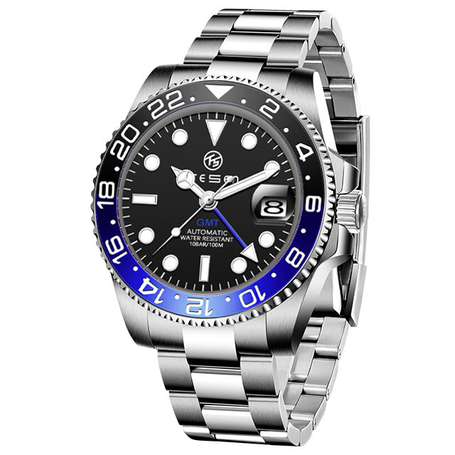 TESEN DESIGN 탑 브랜드 사파이어 유리 기계식 시계, 럭셔리 남성용 자동 손목시계, 스테인레스 스틸 GMT 시계
