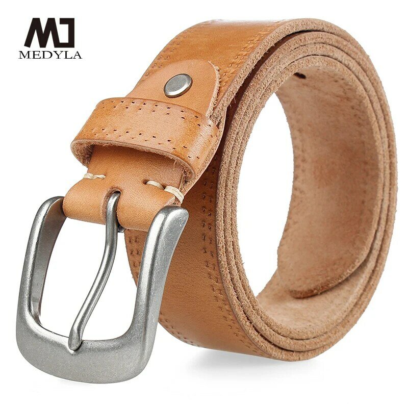 MEDYLA-cinturón Vintage de piel de vaca para hombre, cinturón clásico de calidad con hebilla de aleación de Pin, cuero Natural, sin capas, 532