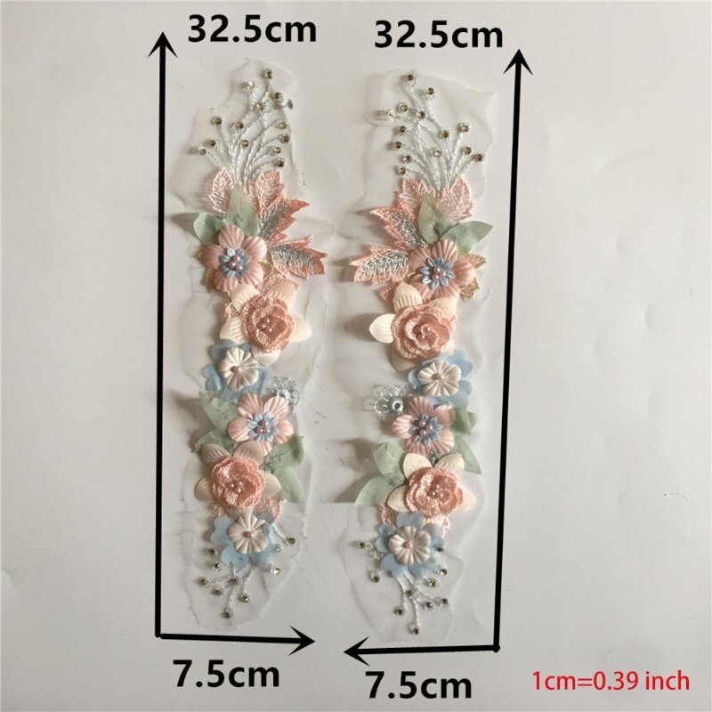 066F 2Pcs Embroidery 3D Floral Lace Applique Patch Delicate Pearl Wedding Clothing Decoration Sewing DIY Accessories