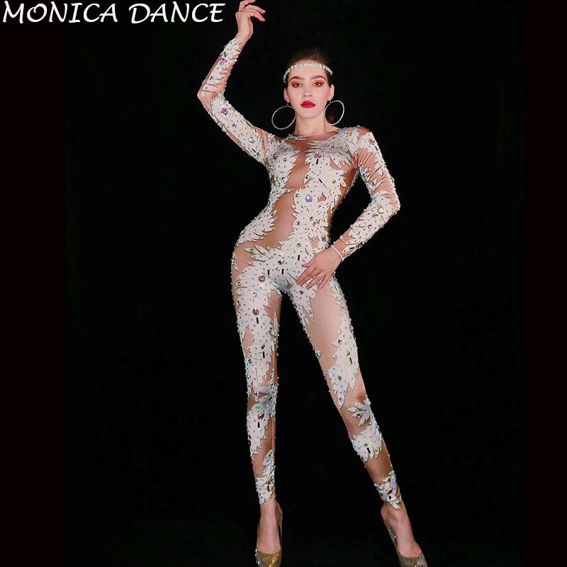 White Nude Petal Leaf Printing Crystals Jumpsuit Elastic Long Sleeve Rhinestones Jumpsuits Bar Nightclub DJ Singer Stage Costume