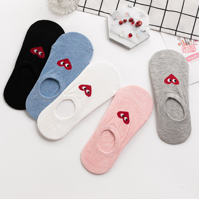 5 pairs Cotton Lovely Red Heart No Show Non-slip Women Boat Socks Girl Cute Soft Stripe Invisible Slippers Sox Spring Summer