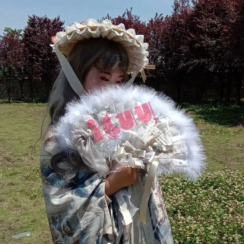 Lolita KC Hand Fan Sweet Girl Lace Bowknot Pearl Rose Flower Feather Folding Hand Fan Wedding Bride Party Decoration Gift
