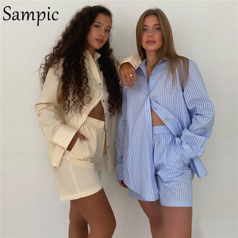Sampic Loung Wear-Ensemble de survêtement à rayures pour femme, chemise à manches longues, taille Y, mini short haut, 2 pièces, 2021